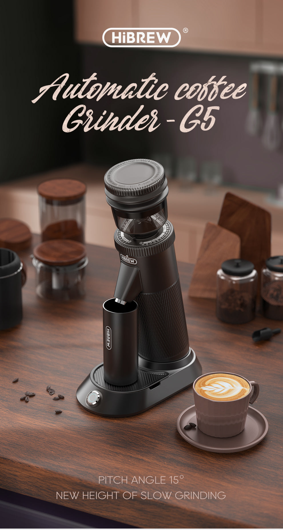 HiBREW G5 — G5 grinder on a counter beside a coffee cup