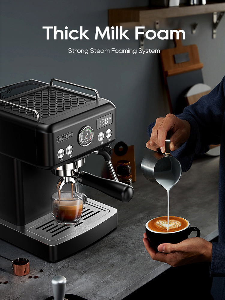 HiBREW H10A black machine in a milk coffee preparation scene