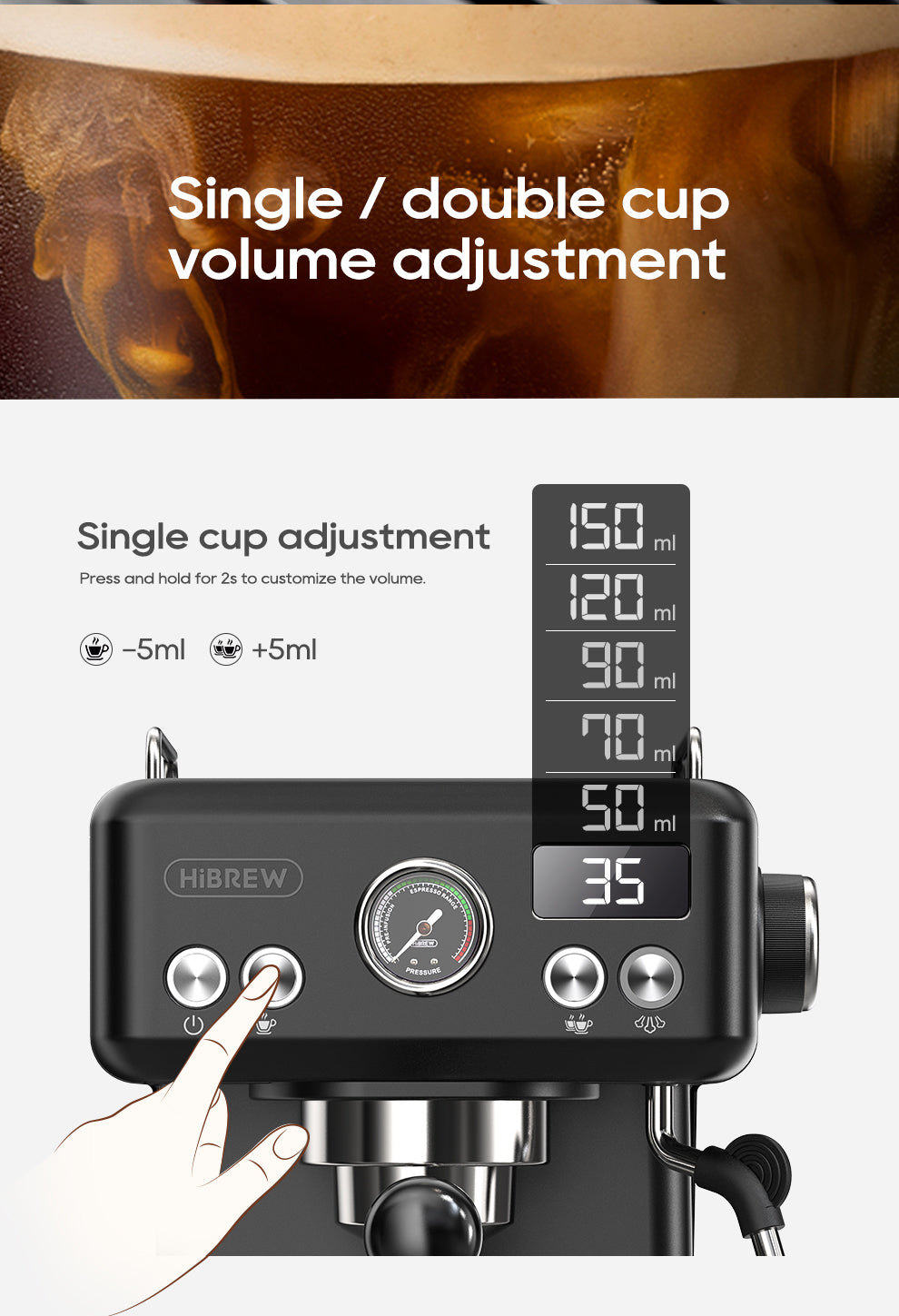 HiBREW H10A front controls for adjusting drink volume
