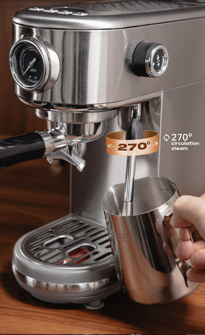 HiBREW H10B steam wand used with a milk pitcher