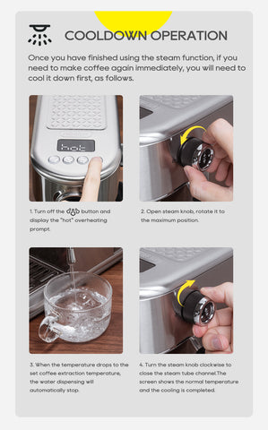 HiBREW H10B top buttons, side steam knob and cooling-operation photographs