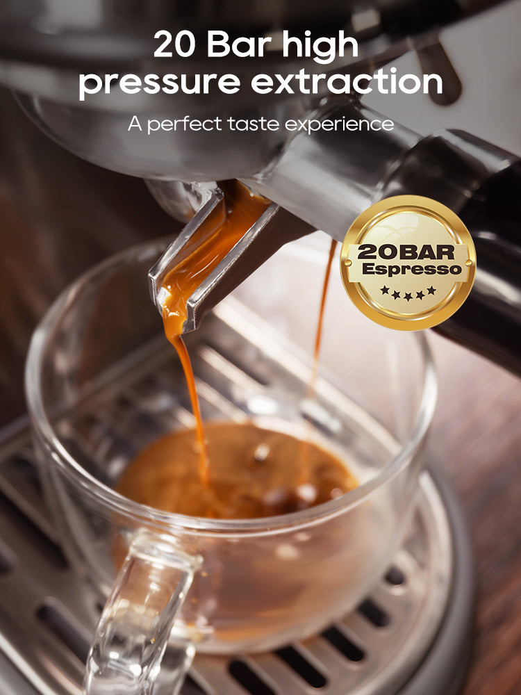 HiBREW H10B silver espresso machine extracting coffee into a glass
