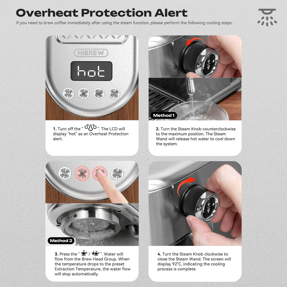 HiBREW H10B Lite control buttons, steam knob and cooling operation shown in manufacturer photographs