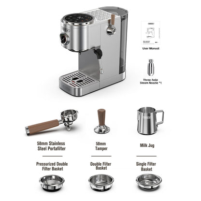 HiBREW H13 Silver — portafilter, baskets and accessory layout