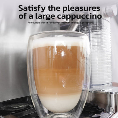 HiBREW H13A EU WH cappuccino preparation with portafilter and removable milk container; cup is a photo prop