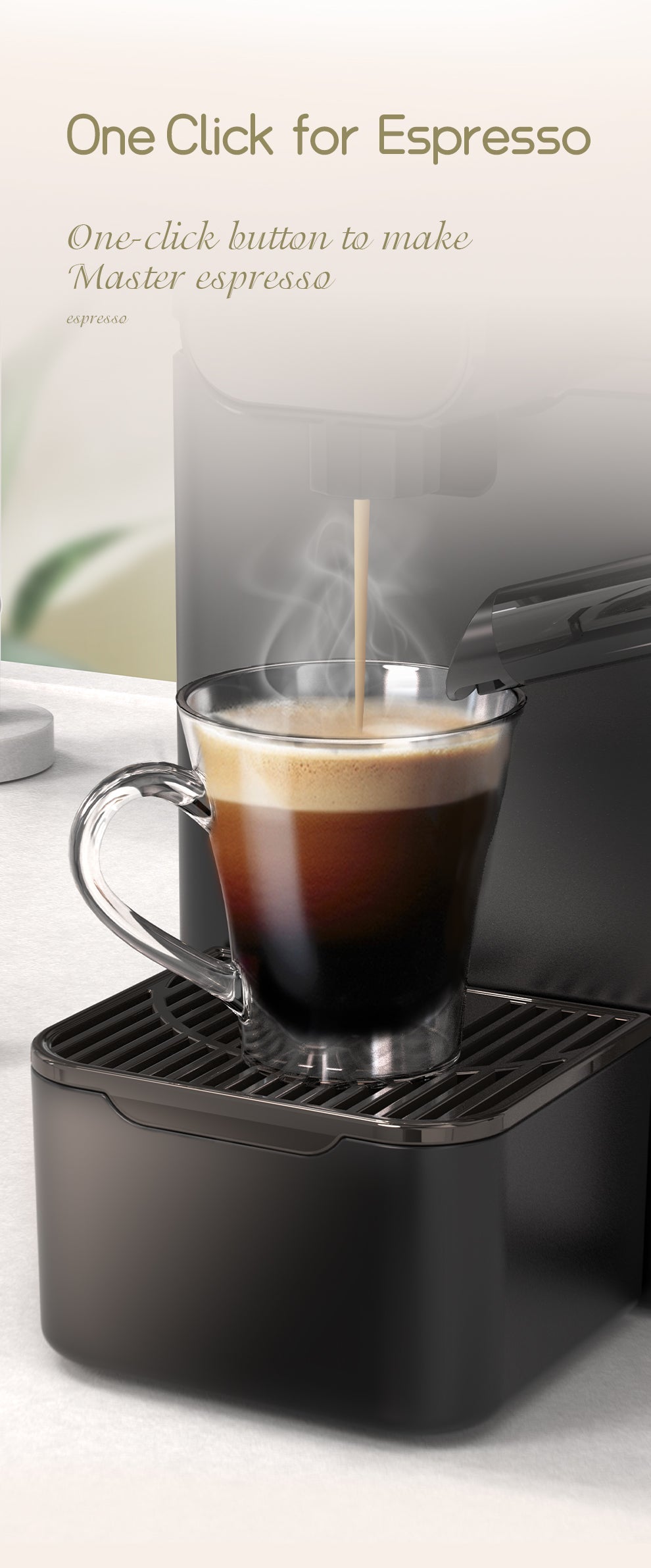 HiBREW H15 capsule machine dispensing coffee into a glass cup; the cup is a demonstration prop, not a confirmed included accessory.