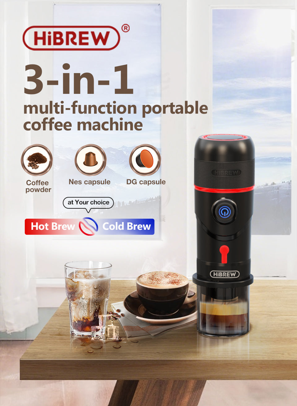 HiBREW H4 manufacturer tabletop use illustration; drinks and scene props are not included