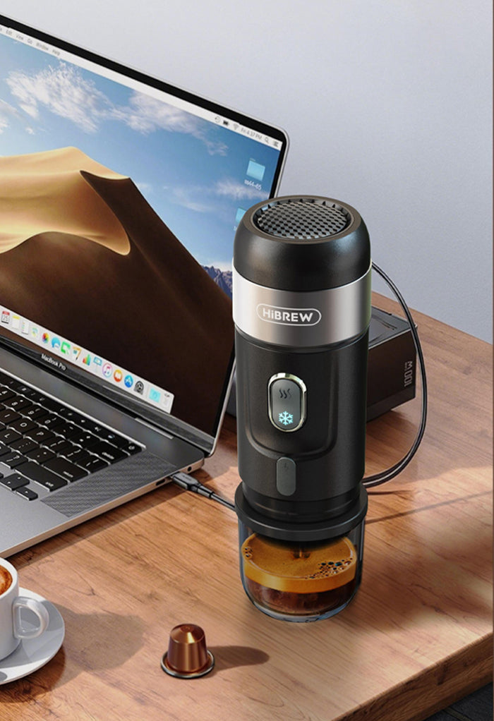 HiBREW H4A — Black brewer and laptop serving scene; laptop is not included