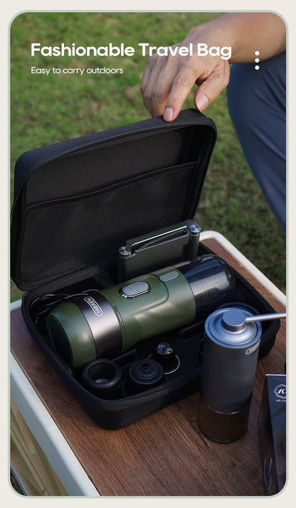 Green HiBREW H4B in an open travel case; separate grinder and kettle not included