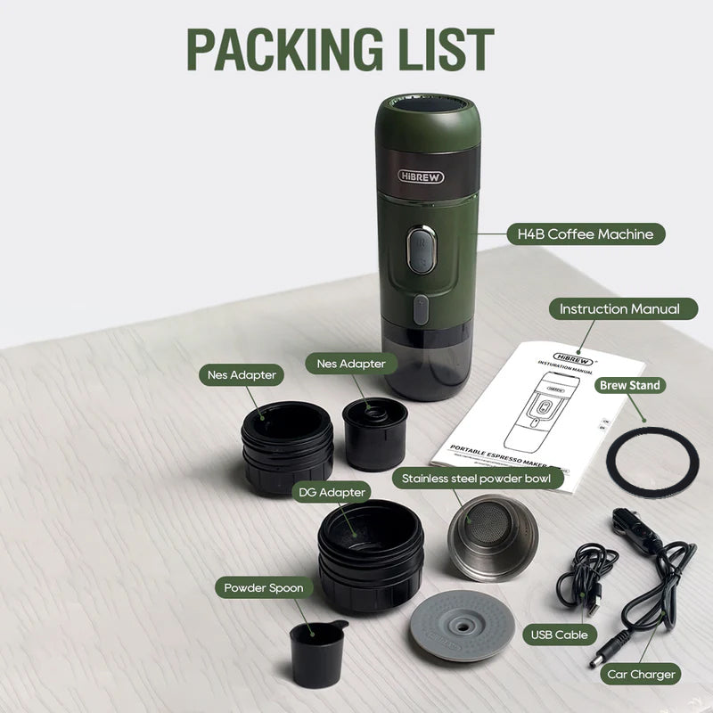 Green HiBREW H4B with capsule adapters, a ground-coffee basket, brewing support and connection cables