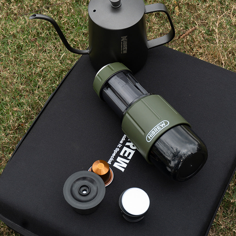 Green HiBREW H4D outdoors beside a kettle; kettle not included