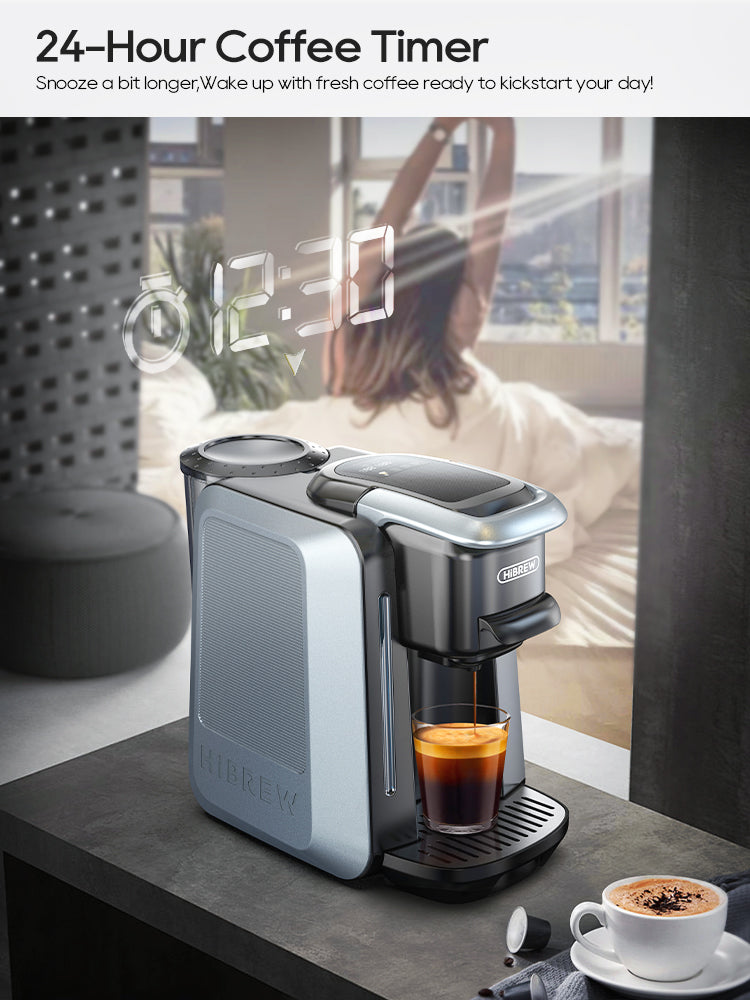 HiBREW H6 in a kitchen setting; manufacturer timer illustration is a reference