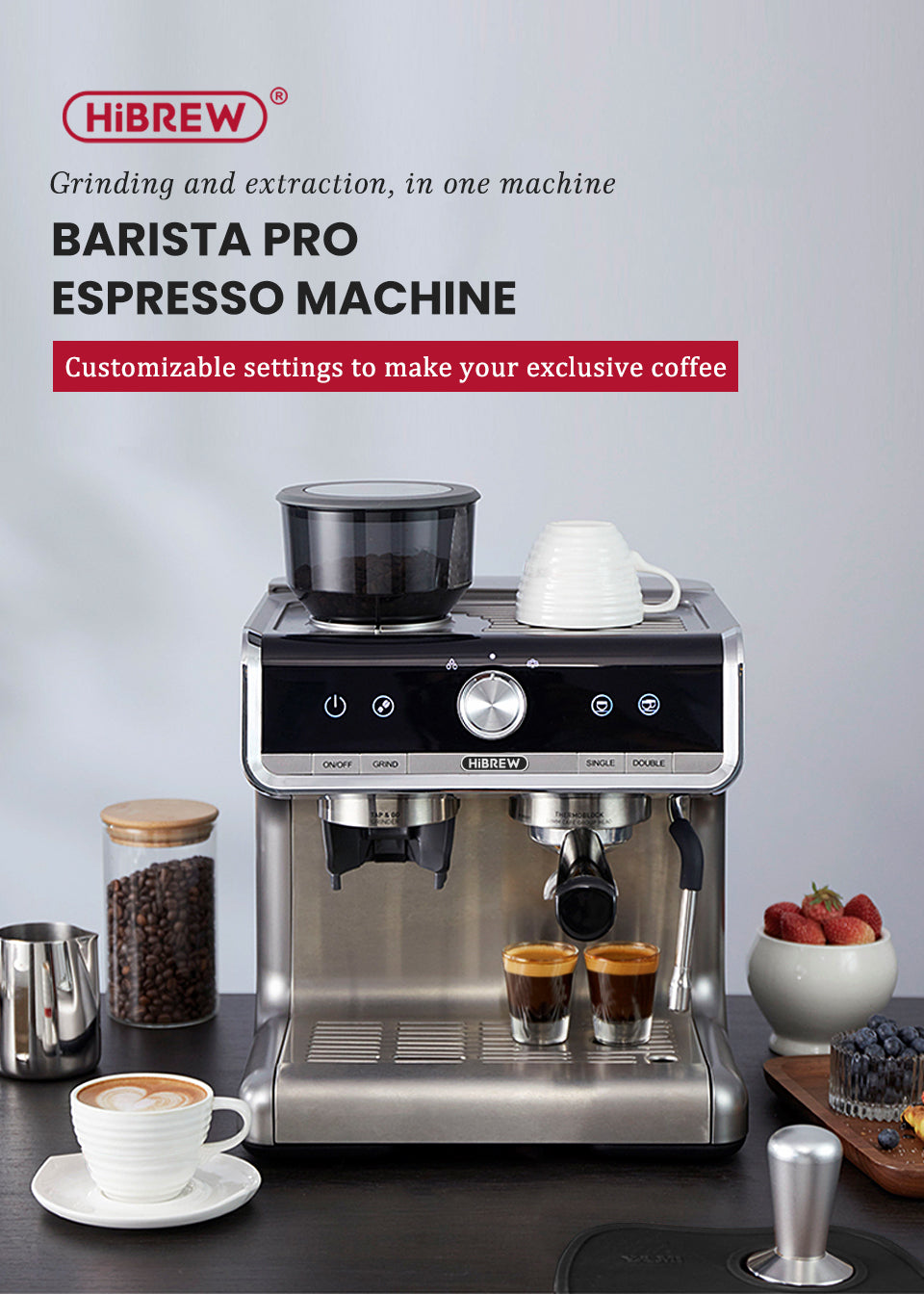 HiBREW H7 Silver countertop espresso machine and built-in grinder; cups, food and preparation props are not an accessory inclusion list