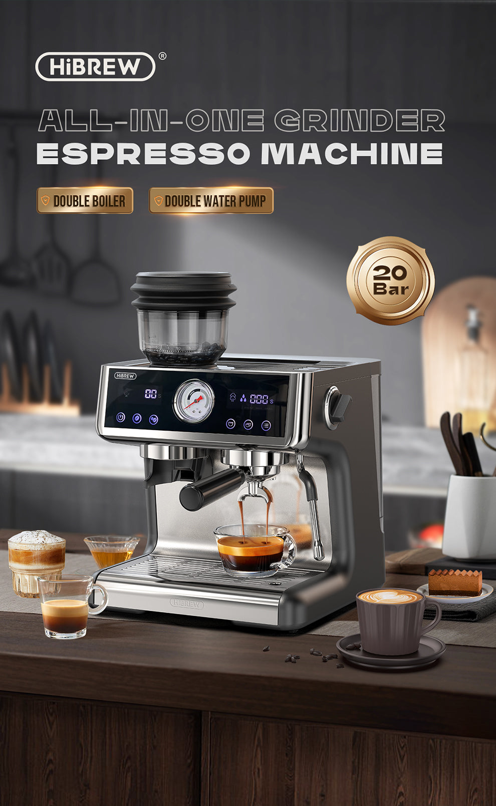 HiBREW H7A Premium countertop machine with built-in grinder, centre gauge and steam wand; scene cups and food are props
