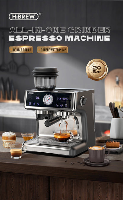 HiBREW H7A Premium countertop machine with built-in grinder, centre gauge and steam wand; scene cups and food are props