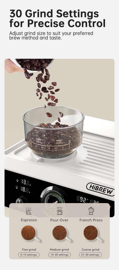 HiBREW H7B Creamy white bean hopper being filled; grind-setting guide is a manufacturer reference, not a performance guarantee