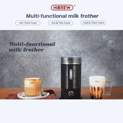 HiBREW M1A black milk frother on a table with hot and cold drinks