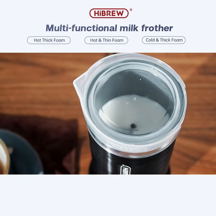 HiBREW M1A milk frother interior with whisk and fresh milk foam