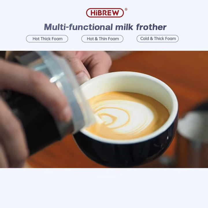 Pouring milk foam from the HiBREW M1A black frother into a latte cup