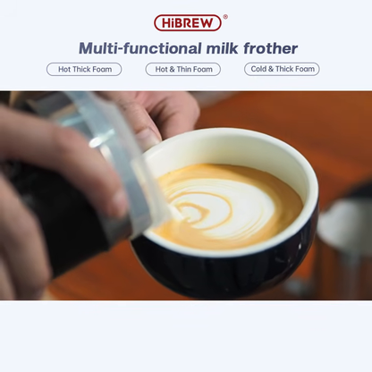Pouring milk foam from the HiBREW M1A black frother into a latte cup