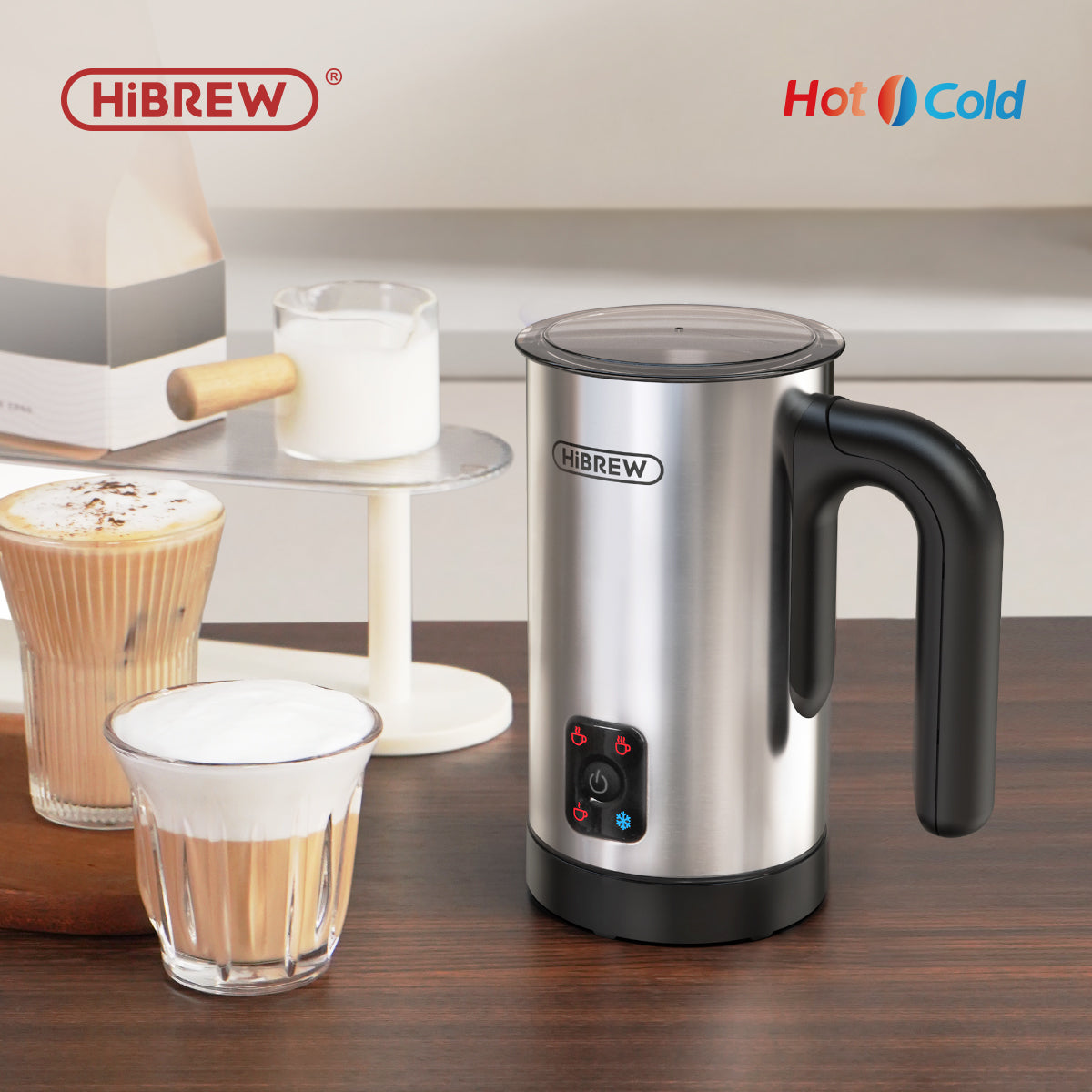 HiBREW M3A silver milk frother with prepared drinks