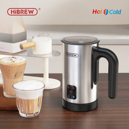 HiBREW M3A silver milk frother with prepared drinks