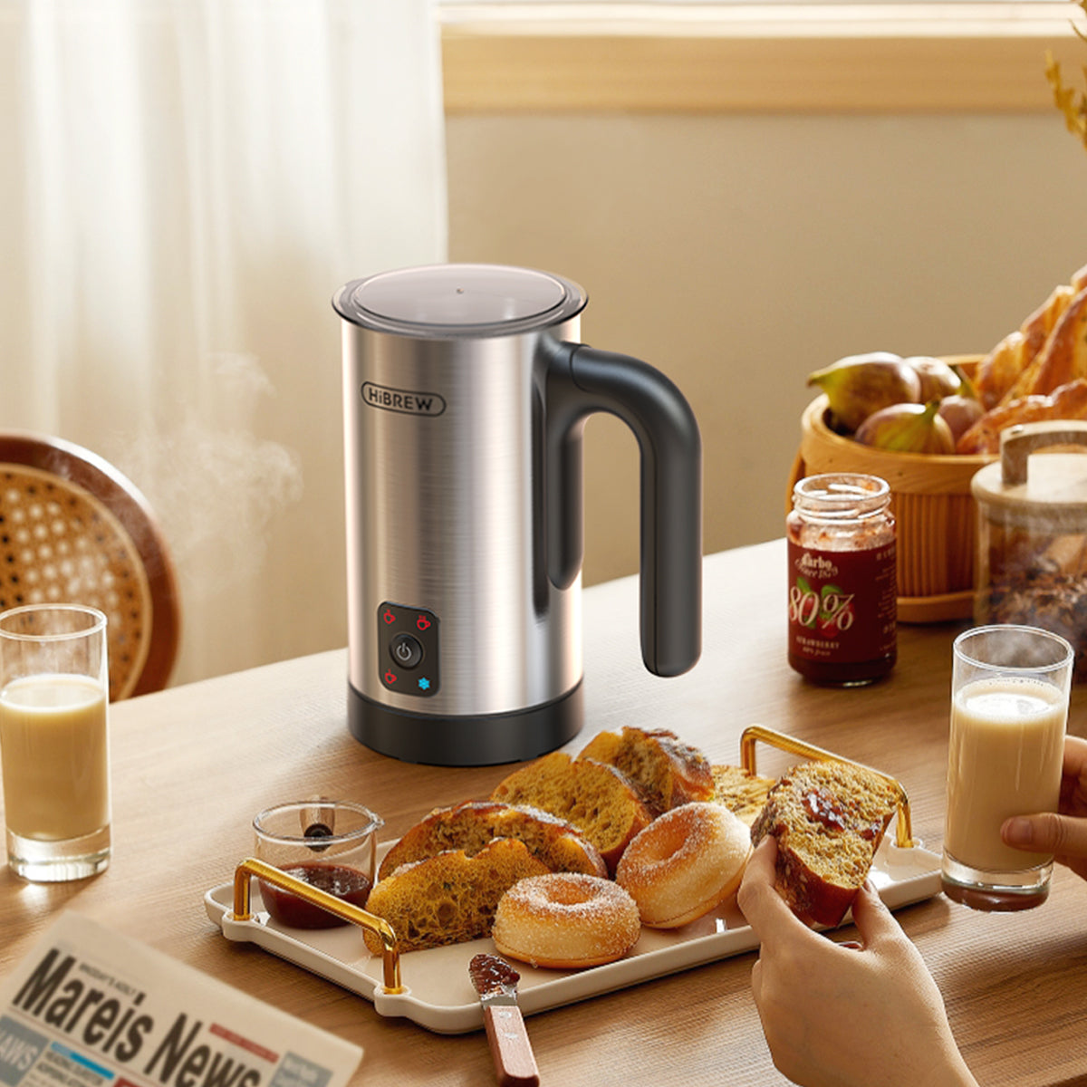 HiBREW M3A silver milk frother in a breakfast scene