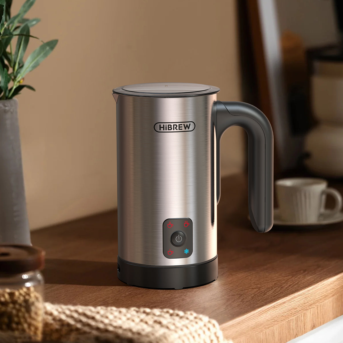 HiBREW M3A silver milk frother on a counter
