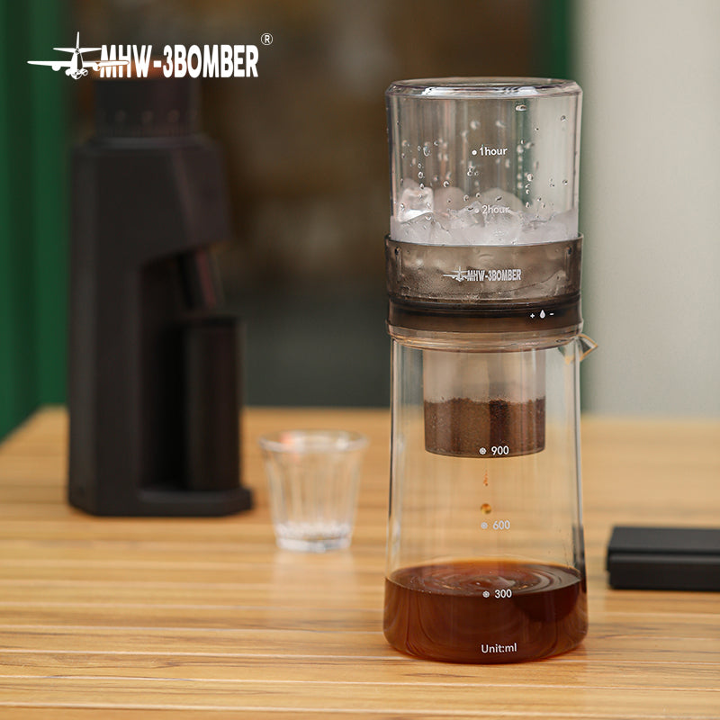 MHW-3BOMBER ID5900 complete stacked brewer on a wooden counter; other equipment and scene props are not included
