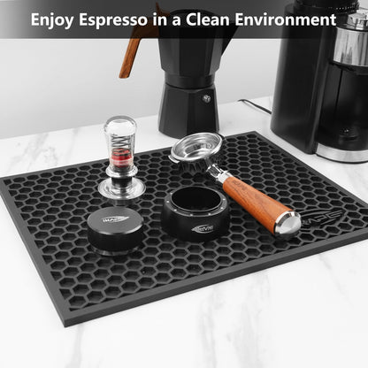 IKAPE GjdV3FcHei51_54_58 black honeycomb drying mat with espresso tools; tools and machines are demonstration props, mat only