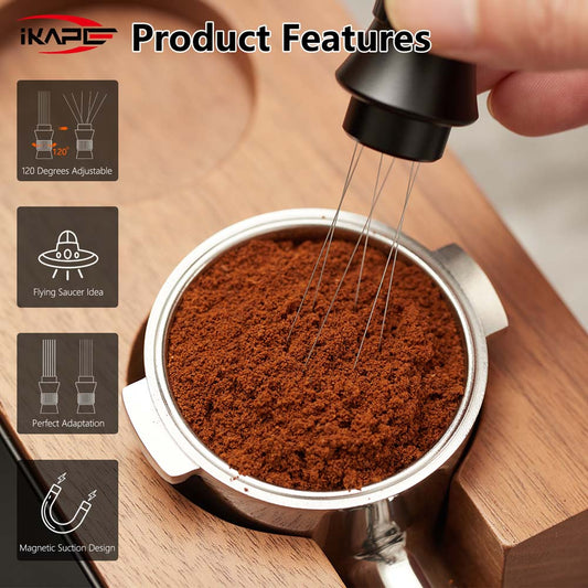 IKAPE Black adjustable WDT tool distributing grounds in a portafilter