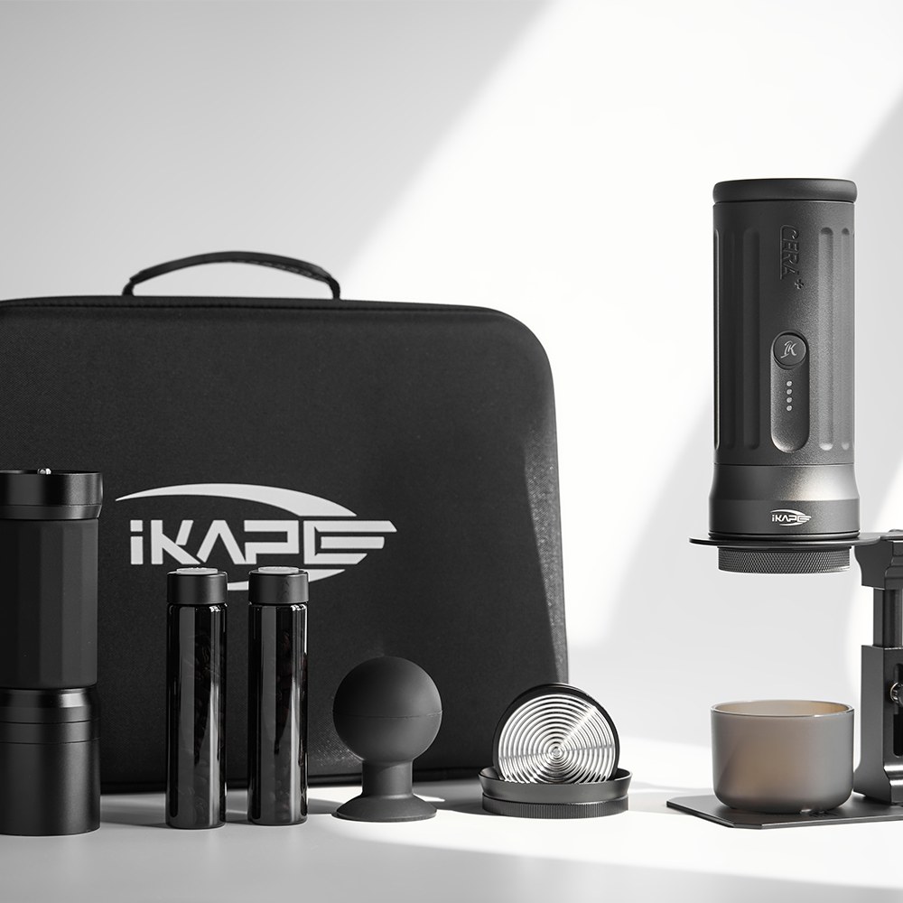 IKAPE carrying bag beside a portable espresso setup