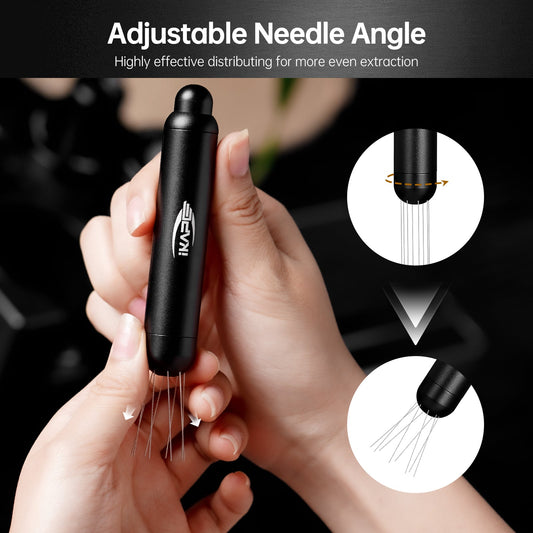 IKAPE black retractable WDT tool held in hand; manufacturer needle-angle illustration