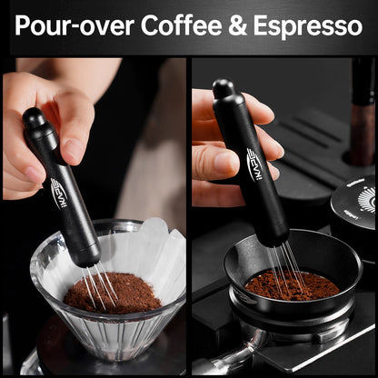 IKAPE black retractable WDT tool in pour-over and espresso use; manufacturer two-scene photograph panel, brewers not included