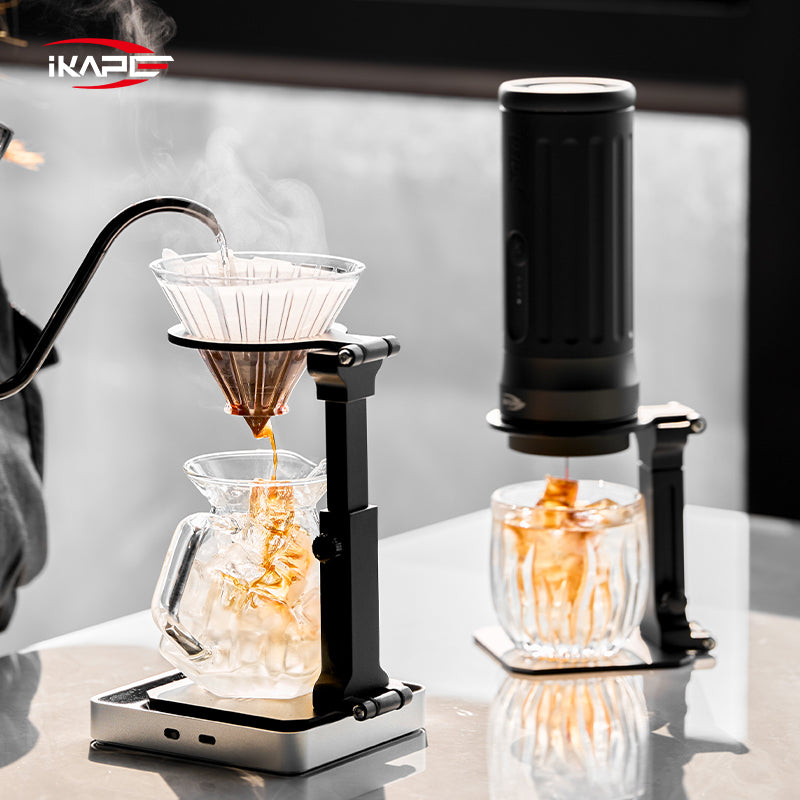 IKAPE folding stands used with a coffee dripper and a portable espresso maker