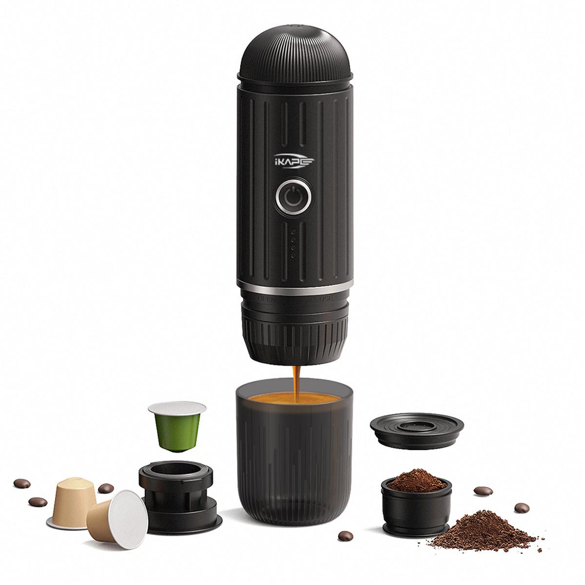 IKAPE V1 capsule and ground-coffee adapter illustration; coffee and capsules are separate.