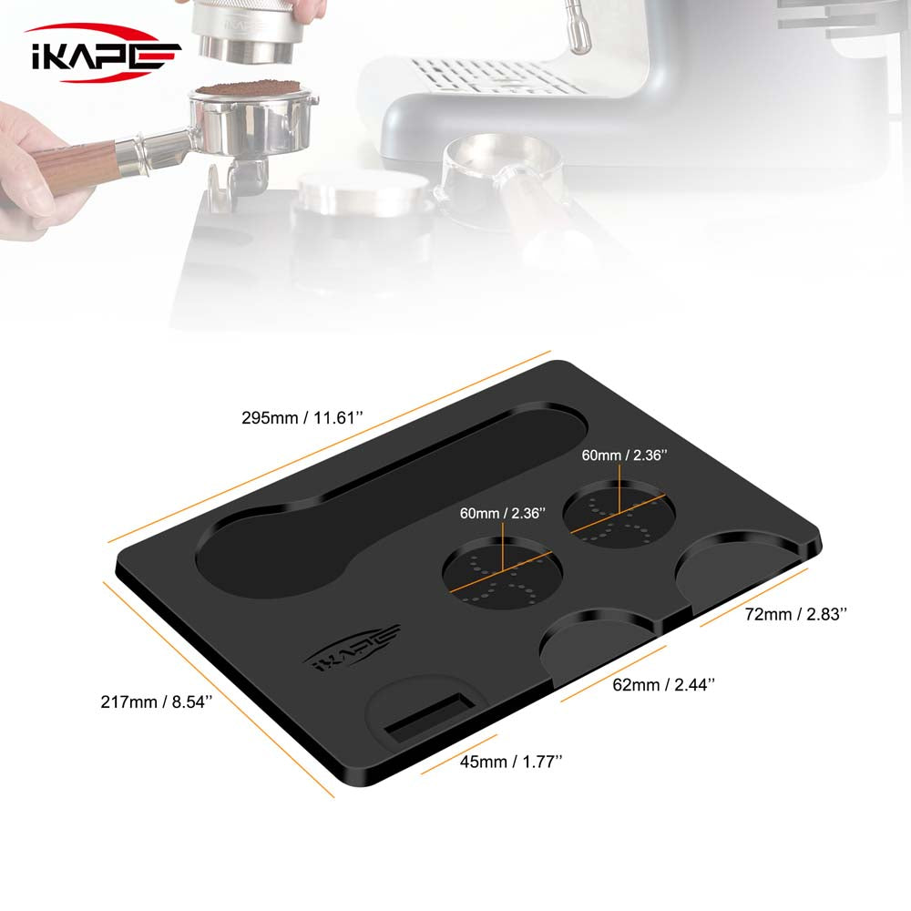 IKAPE V1 black tamping mat manufacturer dimension diagram, 295 by 217 mm; reference, not a real photograph