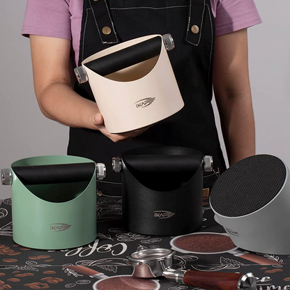IKAPE V1 black metal espresso knock box shown with other finish options