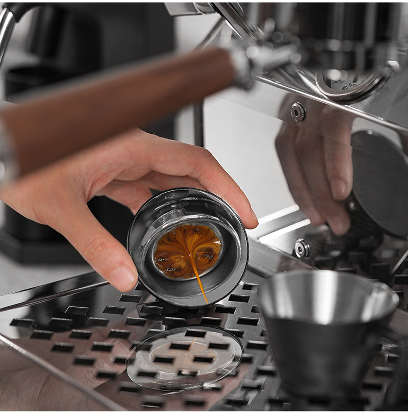 MHW-3BOMBER M5503 black mirror positioned near an espresso group head