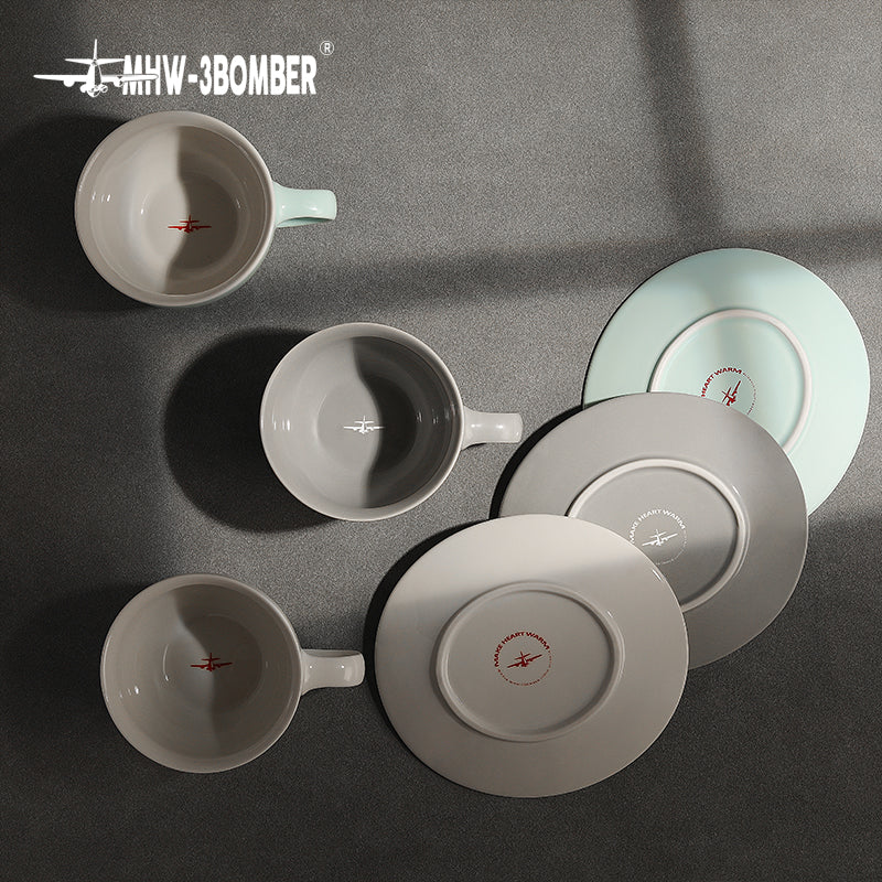 MHW-3BOMBER Mars cups and matching saucers in three colours, overhead view