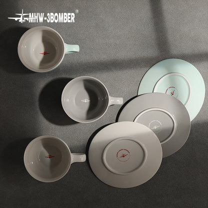 MHW-3BOMBER Mars cups and matching saucers in three colours, overhead view