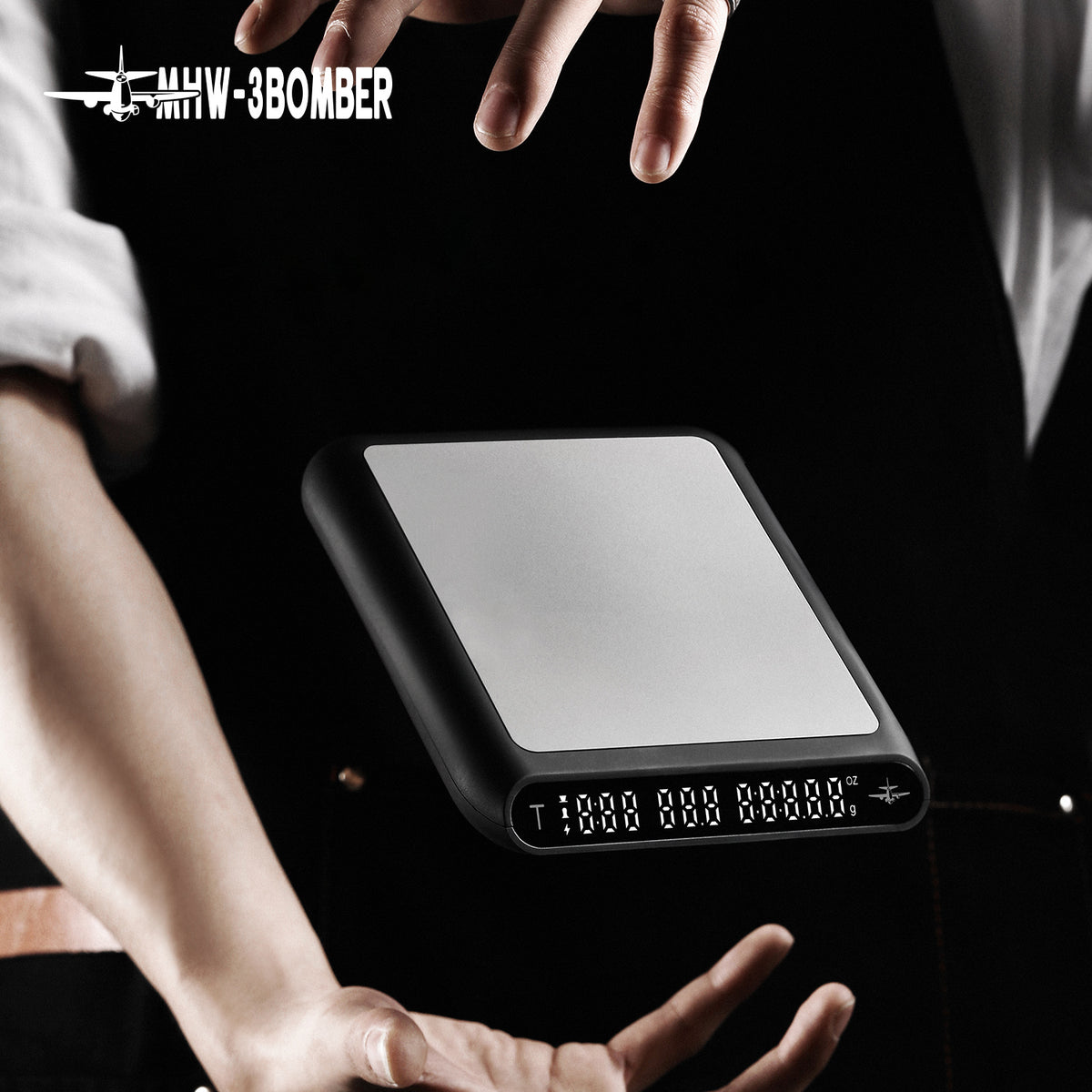 MHW-3BOMBER ES5485W white Formula coffee scale — hand-held product presentation