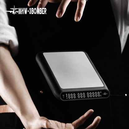 MHW-3BOMBER ES5485W white Formula coffee scale — hand-held product presentation