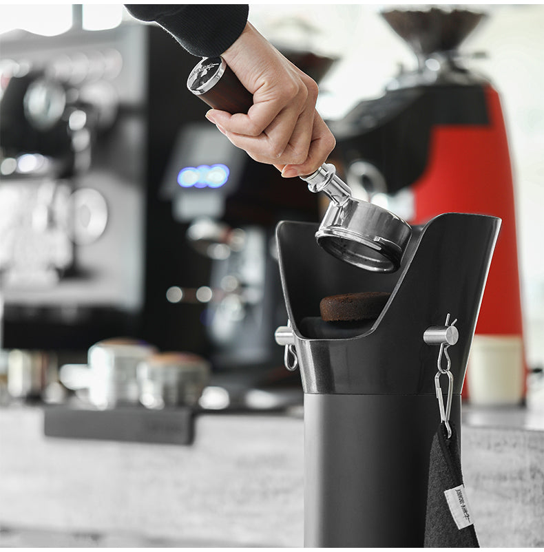 MHW-3BOMBER GB5449 black standing knock bin — portafilter emptying workflow