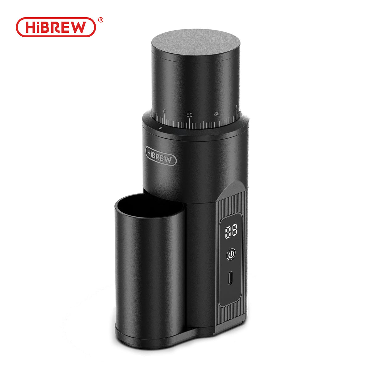 Black HiBREW G5mini portable coffee grinder with grounds cup