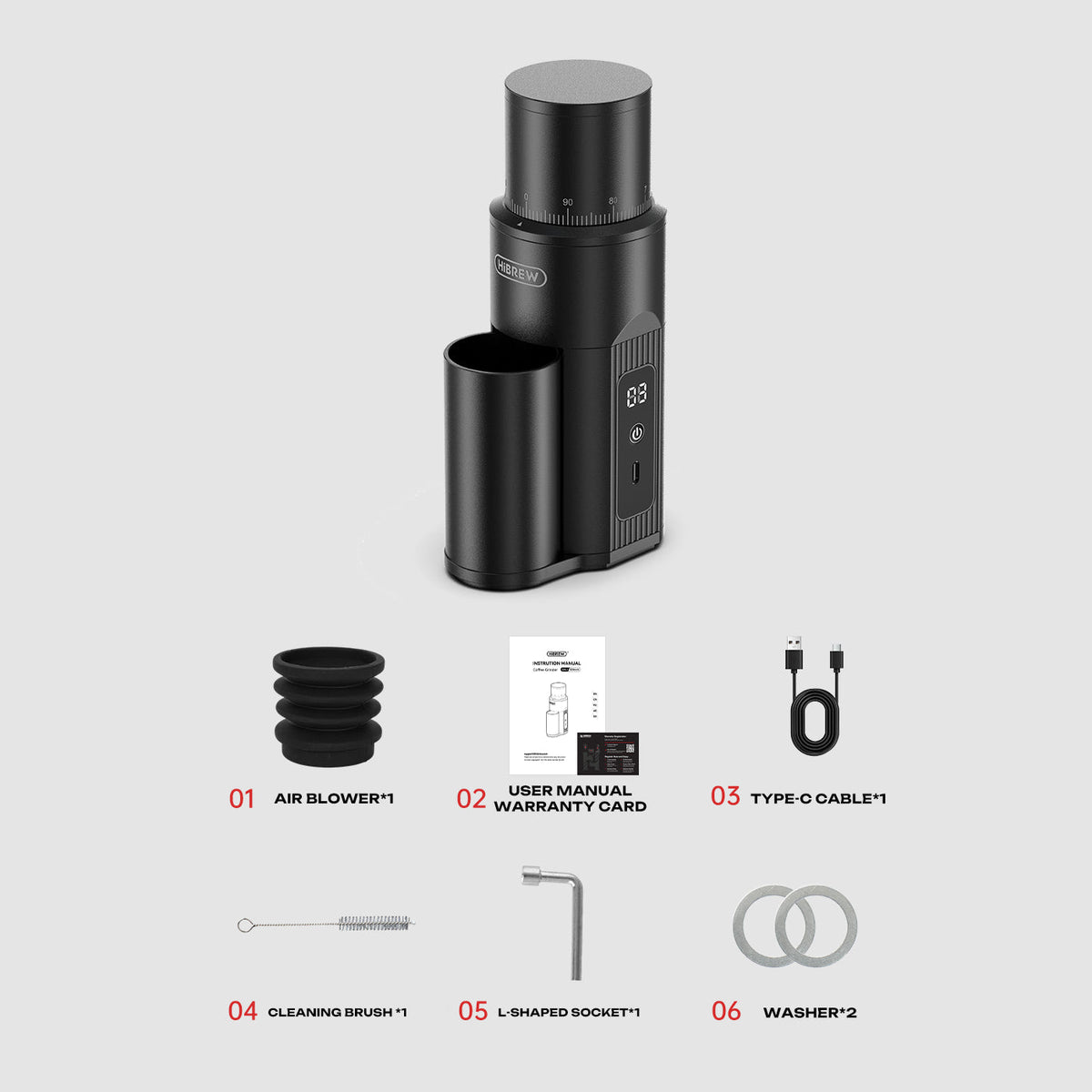 HiBREW G5mini grinder and accessories arranged on a light background