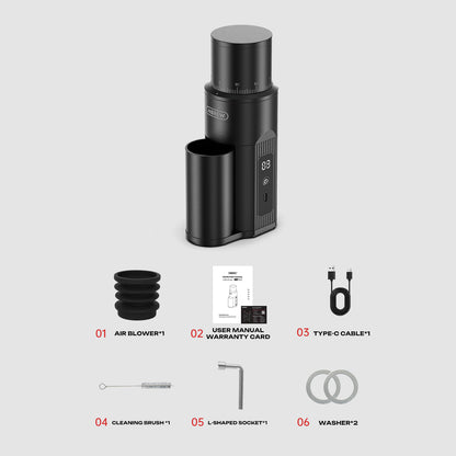 HiBREW G5mini grinder and accessories arranged on a light background