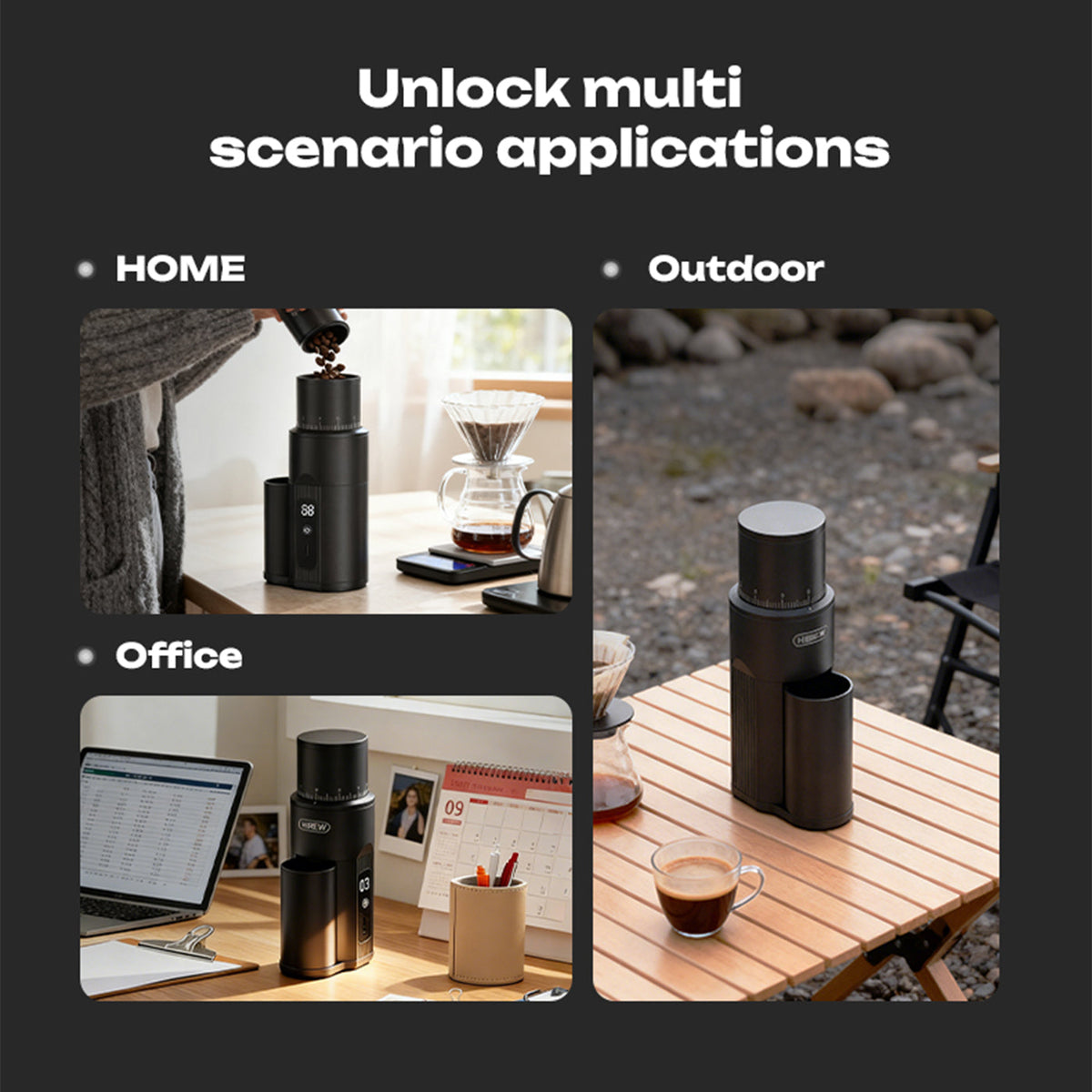 HiBREW G5mini in home, outdoor and office coffee settings