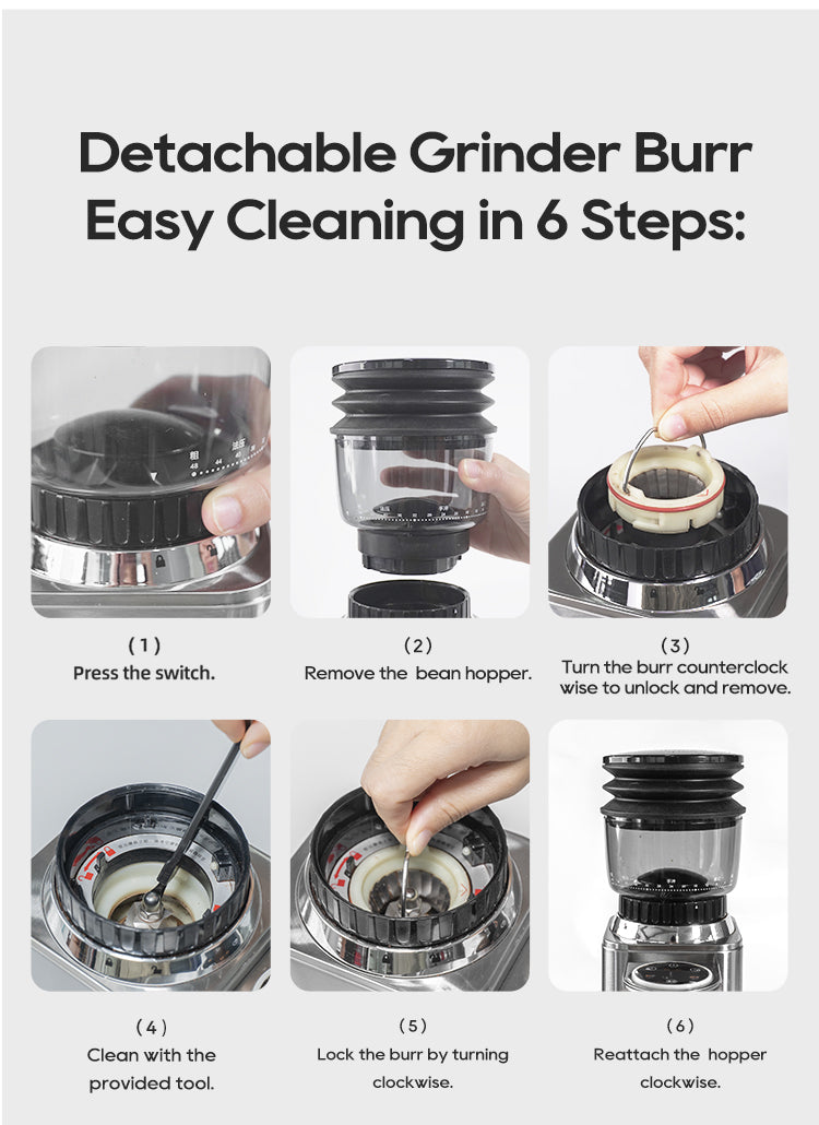 HiBREW G7 Silver grinder burr access and cleaning views
