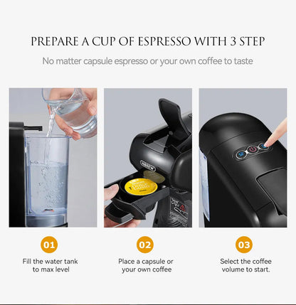 HiBREW H1A — Black H1A water tank, capsule loading and control panel in a three-step photo panel; one composite image